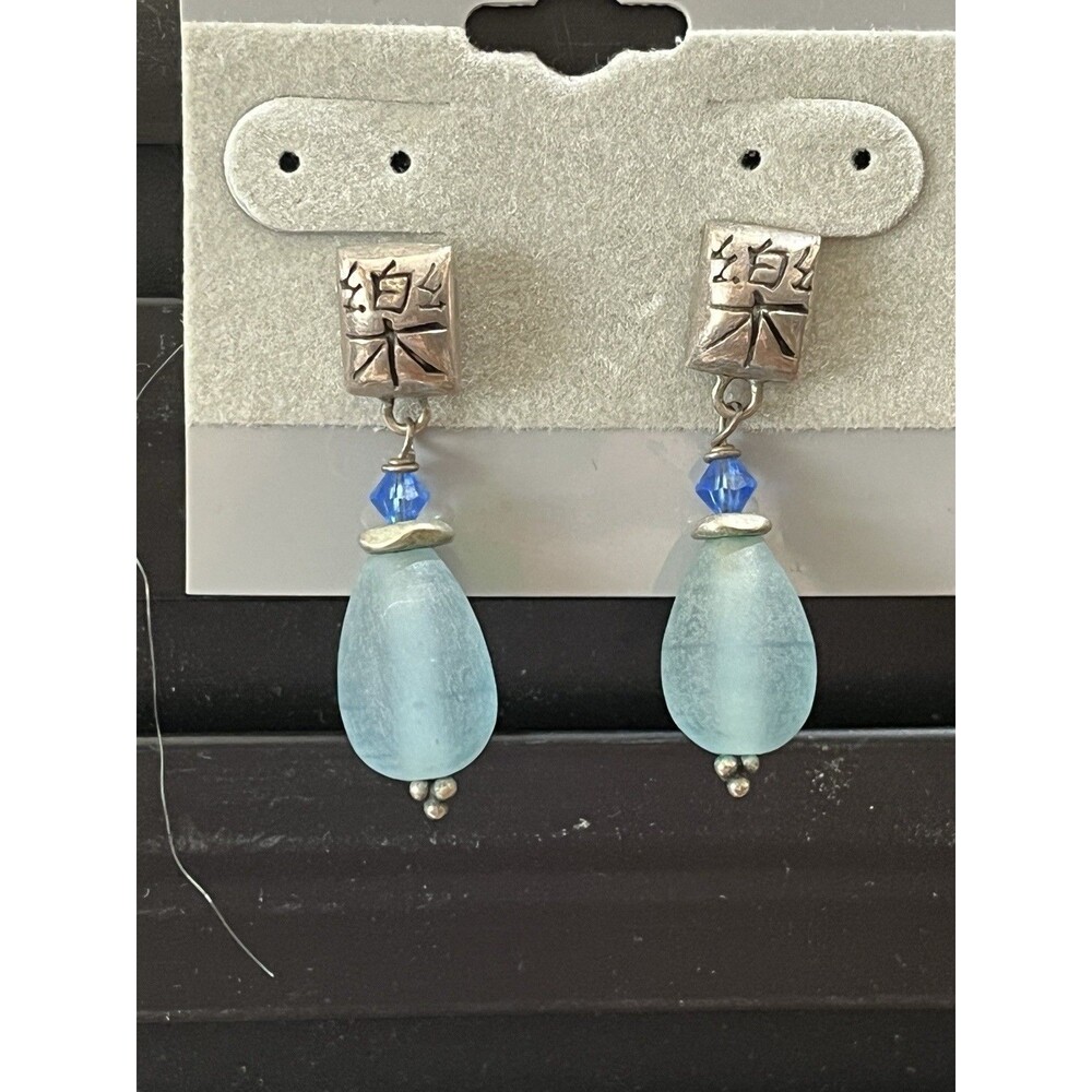 Asian Sterling Silver Sea Glass Aqua Blue Earrings Artisan Crafted Art To Wear
